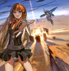  balgora_glory black_skirt breasts brown_hair crying explosion female green_eyes gun highres holding holding_gun holding_weapon jeanex looking_at_viewer mecha mechanical_wings military military_uniform open_hand open_mouth outstretched_arm panties pantyshot robot setsuko_ohara skirt small_breasts super_robot_wars super_robot_wars_z super_robot_wars_z1 thighhighs underwear uniform weapon white_panties wind wind_lift wings 