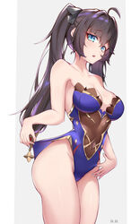  :o absurdres adjusting_clothes adjusting_leotard ahoge alternate_eye_color bare_legs bare_shoulders black_hair blue_eyes breasts chinese_commentary collarbone commentary_request female genshin_impact gold_trim groin highres leotard long_hair medium_breasts mona_(genshin_impact) purple_leotard qingshuisi_yu_ji solo thighs twintails 