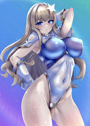  arm_behind_head blue_background blue_eyes blue_leotard blush breasts cameltoe capelet closed_mouth colored_eyelashes commentary_request contrapposto cosplay covered_navel covered_nipples cowboy_shot dolphin_wave elbow_gloves female from_side gloves gradient_background groin groin_tendon gundam gundam_seed gundam_seed_destiny hair_intakes hair_ornament hand_on_own_hip highleg highleg_leotard highres hip_bones impossible_clothes impossible_leotard kidomonika kirahoshi_kanna large_breasts leotard light_brown_hair long_hair looking_at_viewer meer_campbell meer_campbell_(cosplay) multicolored_leotard sidelocks skin_tight solo standing star_(symbol) star_hair_ornament thighs turtleneck very_long_hair wavy_hair white_capelet white_gloves white_leotard wide_hips 