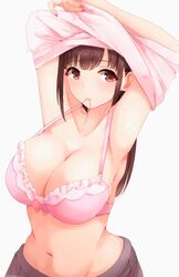  armpits arms_up bare_shoulders blush bra breasts brown_hair brown_skirt cleavage closed_mouth collarbone double_bun female groin hair_bun hair_tie_in_mouth highres idolmaster idolmaster_shiny_colors large_breasts long_hair looking_to_the_side mouth_hold navel pink_bra pink_shirt pleated_skirt red_eyes ryuu. shirt short_twintails simple_background skirt solo sonoda_chiyoko twintails underwear undressing upper_body white_background 