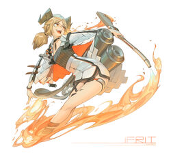  absurdres arknights breasts character_name chen_zhang commentary_request female fire gun highres horns ifrit_(arknights) looking_to_the_side material_growth no_tail oerba_yun_fang orange_eyes originium_(arknights) originium_arts_(arknights) oripathy_lesion_(arknights) photoshop_(medium) platinum_blonde_hair short_hair slit_pupils small_breasts solo thighs weapon white_background 