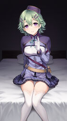  bed belt breasts brown_belt closed_mouth commentary_request commission dress eiyuu_densetsu female gloves green_hair green_ribbons hair_between_eyes hair_ornament hairclip henria highres large_breasts long_sleeves looking_at_viewer musse_egret on_bed pillow purple_dress purple_eyes purple_headwear ribbon sen_no_kiseki sen_no_kiseki_iii sitting skeb_commission smile solo thighhighs white_gloves white_thighhighs 