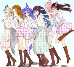  .live 6+girls absurdres animal_ear_fluff animal_ears black_hair blue_hair boots brown_hair commentary_request cross-laced_footwear fox_ears fox_girl fox_tail from_side grey_hair hanakoto_igusa highres indie_virtual_youtuber irodori_mayoi island_fox_(kemono_friends) kemono_friends kemono_friends_v_project knee_boots long_hair looking_at_viewer mizugame_mia multicolored_hair multiple_girls necktie open_mouth pink_hair profile rascala39 re:act rurun_rururica sakurazuki_kanon shirt shrims sideways_mouth simple_background skirt smile tail twintails unmoving_pattern virtual_youtuber 