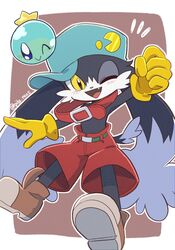  animal_ears belt blue_headwear boots brown_background collar furry furry_male gloves highres huepow kaze_no_klonoa klonoa koke_ojisan one_eye_closed pac-man pac-man_(game) pants red_collar red_pants self-upload shorts slit_pupils smile tail yellow_eyes yellow_gloves 