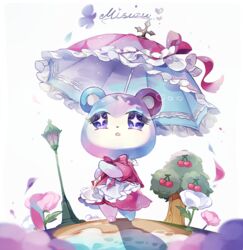  animal_crossing bear character_name cherry coco7 dress female flower food fruit judy_(animal_crossing) lamppost solo sparkling_eyes tree umbrella 