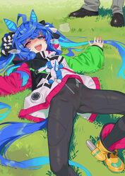  1boy absurdres ahoge animal_ears black_bodysuit blue_eyes blue_hair blush bodysuit bodysuit_under_clothes boots day female grass half-closed_eyes heterochromia highres horse_ears horse_girl horse_tail jacket long_hair long_sleeves lying on_back on_grass on_ground open_mouth outdoors pants purple_eyes revision sarcophage sharp_teeth shoes smile solo_focus spread_legs standing stuffed_animal stuffed_rabbit stuffed_toy sweat tail teeth trainer_(umamusume) twin_turbo_(umamusume) twintails umamusume very_long_hair 