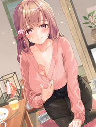  between_breasts black_pantyhose black_skirt blush breasts brown_hair can chopsticks cleavage_cutout closed_mouth clothing_cutout collarbone commentary doll dutch_angle eyes_visible_through_hair female flower glass hair_flower hair_ornament hair_ribbon indoors kneeling large_breasts long_hair long_sleeves looking_at_viewer original otoshidama pantyhose pencil_skirt pink_eyes pink_sweater plate ribbon skirt solo sweater table tomura2maru 