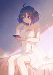  ahoge bare_arms bare_shoulders blue_eyes blue_hair caisena cellphone commentary_request dress feet_out_of_frame female highres holding holding_phone honkai_(series) honkai_impact_3rd phone seele_vollerei short_dress short_hair sitting smartphone solo strapless strapless_dress 