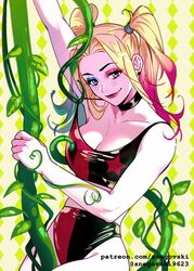  1girls arm_up blonde_hair blue_eyes blush bodysuit breasts choker cleavage clothed comment_section dc dc_comics eyeshadow female female_only harley_quinn harley_quinn_(series) lipstick looking_at_viewer makeup pale-skinned_female petite plant poison_ivy smile smiling_at_viewer snegovski solo tied_hair 