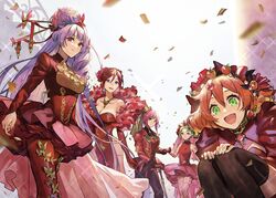  5girls alternate_costume bare_shoulders breasts cleavage confetti dress elbow_gloves formal freyja_wion gloves green_eyes hair_between_eyes hair_bun hair_ornament hat heart heart_hair_ornament highres holding_hands kaname_buccaneer large_breasts long_hair looking_to_the_side macross macross_delta makina_nakajima mikumo_guynemer multiple_girls open_mouth orange_hair pink_hair pote-mm purple_eyes purple_hair red_dress red_eyes red_gloves reina_prowler short_hair single_hair_bun small_breasts squatting suit very_long_hair walkure_(macross_delta) 