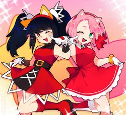  2girls ;d amy_rose animal_ears bare_shoulders belt black_hair blush boots bracelet cat_ears ciosuii dress gloves green_eyes hairband heart hedgehog_ears highres honey_the_cat humanization jewelry long_hair multiple_girls one_eye_closed open_mouth orange_eyes pink_hair red_dress red_footwear red_hairband short_hair skirt_hold smile sonic_(series) sonic_the_fighters sonic_the_hedgehog_(classic) white_gloves 