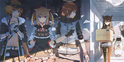  1boy 5girls animal animal_ears arknights bandana belt bird birthday black_gloves black_hair black_jacket black_shirt blonde_hair box cake cardboard_box commentary croissant_(arknights) crop_top emperor_(arknights) emperor_penguin exusiai_(arknights) fingerless_gloves food fur_trim gloves green_eyes grey_hair hallway halo highres holding holding_cake holding_food horns jacket lappland_(arknights) lococo:p low_ponytail md5_mismatch midriff miniskirt multiple_girls navel open_clothes open_jacket orange_eyes orange_hair penguin penguin_logistics_(arknights) red_eyes red_hair resolution_mismatch shirt short_hair skirt sora_(arknights) source_larger texas_(arknights) tray twintails visor_cap walking white_gloves white_jacket wolf_ears 