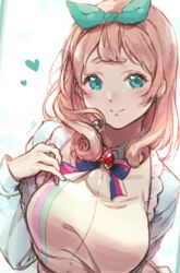  aqua_eyes blonde_hair blush breasts closed_mouth commentary_request curly_hair female green_headwear green_ribbons hair_ribbon hand_up heart hibike!_euphonium highres kuziaaizuk large_breasts liz_to_aoi_tori long_hair long_sleeves neck_ribbon ribbon solo striped striped_ribbon thick_eyebrows upper_body yoshikawa_yuuko 