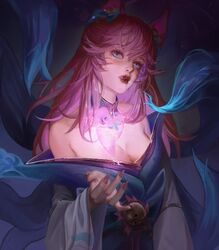  ahri_(league_of_legends) animal_ears bad_id bad_pixiv_id bare_shoulders bell blue_eyes breasts cleavage facial_mark female fox_ears fox_tail hand_up japanese_clothes kimono kitsune kyuubi large_breasts league_of_legends long_hair multiple_tails muzi_zhe_yi nail_polish off_shoulder pink_nails red_hair solo spirit_blossom_ahri tail whisker_markings 