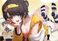  absurdres aqua_eyes black_hair black_socks bloomers blush bra bra_peek breasts collarbone cropped_shirt feet feet_up female hairband highres hololive hood hooded_jacket jacket looking_at_viewer loose_socks lying medium_breasts mikaku multicolored_clothes multicolored_jacket no_shoes official_alternate_costume on_stomach oozora_subaru oozora_subaru_(loungewear) open_mouth polka_dot polka_dot_bloomers shirt short_hair short_sleeves smile socks soles solo striped_clothes striped_socks subaru_duck swept_bangs the_pose toes two_side_up underwear virtual_youtuber white_bloomers white_jacket white_socks yellow_hairband yellow_jacket yellow_shirt 