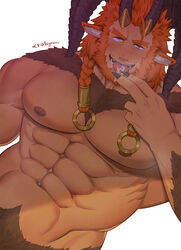  1boy abs absurdres animal_ears another_eidos-r azmond_(another_eidos) bara beard blush body_fur braid completely_nude cowboy_shot curled_horns dark-skinned_male dark_skin facial_hair feiya6022 forked_eyebrows goat_boy goat_ears goat_horns highres horns large_pectorals licking licking_finger long_hair looking_at_viewer male_focus mature_male monster_boy muscular muscular_male naughty_face nipples nude orange_hair out-of-frame_censoring pectorals saliva satyr solo stomach thick_eyebrows twin_braids 