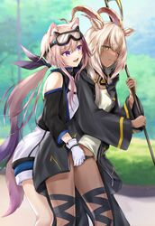  2girls absurdres animal_ear_fluff animal_ears arknights bangs bare_shoulders beeswax_(arknights) blurry blurry_background blush cardigan_(arknights) detached_sleeves eyebrows_visible_through_hair gloves goggles goggles_on_head green_eyes hair_ornament highres light_brown_hair long_hair long_sleeves multiple_girls one_eye_closed outdoors parted_lips ponytail purple_eyes sauvignon smile staff tail thighs white_gloves yuri 