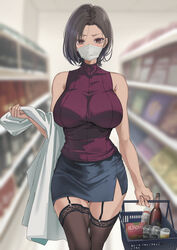  bare_shoulders basket beer_bottle beer_can black_eyes black_hair blurry blurry_background blush breasts can chocolate_almond commentary drink_can female garter_straps groceries holding holding_basket holding_clothes kesoshirou lab_coat lace-trimmed_legwear lace_trim large_breasts looking_at_viewer mask mouth_mask original pencil_skirt shirt shopping shopping_basket short_hair side_slit skirt sleeveless sleeveless_shirt solo standing supermarket sweat symbol-only_commentary thighhighs 