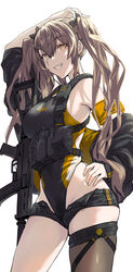  absurdres arm_up armband brown_hair chest_harness competition_swimsuit cowboy_shot female fujita_(condor) girls&#039;_frontline gun h&amp;k_ump hand_on_own_hip harness highres jacket off_shoulder one-piece_swimsuit scar scar_across_eye scar_on_face short_shorts shorts simple_background single_thighhigh solo standing submachine_gun suppressor swimsuit thigh_strap thighhighs twintails two-tone_swimsuit ump9_(girls&#039;_frontline) unzipped weapon white_background yellow_armband 