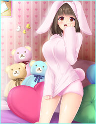  :d alice_net_pc animal_ears animal_hood blunt_bangs brown_eyes brown_hair character_request clothes_tug fake_animal_ears fake_tail female heart heart-shaped_pillow heart_print highres hood hood_up hooded_sweater indoors long_hair long_sleeves looking_at_viewer pillow rabbit_ears rabbit_hood rabbit_pajamas rabbit_tail short_shorts shorts sleeves_past_wrists smile solo standing stuffed_animal stuffed_toy sweater sweater_tug tail teddy_bear white_shorts white_sweater 