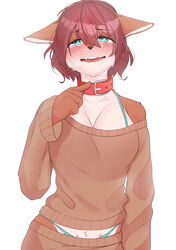  absurd_res anthro bodily_fluids bottomwear breasts chika_(denyfake) cleavage clothed clothing collar collarbone countershading crying deer denyfake female front_view fully_clothed fur gesture hair hand_gesture hi_res mammal multicolored_body multicolored_fur open_mouth pointing red_collar solo tears teeth tongue topwear 