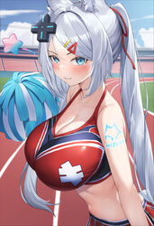  absurdres animal_ears bare_arms bare_shoulders blue_eyes breasts cheerleader cleavage crop_top d-pad d-pad_hair_ornament day duplicate female fox_ears grin hair_ornament hair_ribbon hairclip halterneck highres holding holding_pom_poms large_breasts long_hair looking_at_viewer meridian_project midriff mizuki_(vtuber) navel oukafafafa outdoors pixel-perfect_duplicate pom_pom_(cheerleading) red_shirt red_skirt ribbon shirt shoulder_tattoo skirt sleeveless sleeveless_shirt smile solo stomach tattoo track_and_field twintails upper_body very_long_hair virtual_youtuber white_hair 