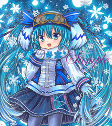  :d black_pantyhose blue_background blue_eyes blue_hair blue_jacket blue_skirt blue_theme blush commentary cowboy_shot female gloves goggles goggles_on_head hat hatsune_miku jacket long_hair long_sleeves looking_at_viewer marker_(medium) open_mouth owl_hat pantyhose rui_(sugar3) sample_watermark scarf skirt smile snowflake_print solo traditional_media twintails very_long_hair vocaloid watermark white_gloves white_hat white_scarf yuki_miku yuki_miku_(2016) 