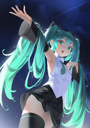  absurdres aqua_hair armpits black_skirt black_sleeves black_thighhighs collared_shirt commentary cowboy_shot detached_sleeves dress_shirt female from_below green_eyes green_necktie hair_between_eyes hair_ornament hatsune_miku highres kimyo long_hair long_sleeves miniskirt necktie night open_mouth outdoors outstretched_arm panties pantyshot pleated_skirt shirt short_necktie skirt sky sleeveless sleeveless_shirt solo standing star_(sky) starry_sky striped_clothes striped_panties thighhighs twintails underwear very_long_hair vocaloid white_shirt wing_collar 