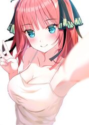  armpits bare_shoulders black_ribbon blue_eyes blunt_bangs blurry blush breasts butterfly_hair_ornament cleavage closed_mouth collarbone commentary_request depth_of_field female go-toubun_no_hanayome hair_between_eyes hair_ornament hair_ribbon highres large_breasts long_hair looking_at_viewer nakano_nino no_bra pink_hair rei_(ilust9999) ribbon selfie simple_background smile solo upper_body v white_background 