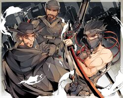  3boys armor beard biceps black_hair blackwatch_(overwatch) blackwatch_cassidy blackwatch_genji blackwatch_reyes breastplate brown_eyes brown_hair cassidy_(overwatch) city coat cowboy_hat dark-skinned_male dark_skin facial_hair genji_(overwatch) gloves gun hat helmet highres hood hoodie katana laulaubi looking_at_viewer looking_to_the_side male_focus mature_male mechanical_parts multiple_boys muscular muscular_male outdoors overwatch overwatch_1 prosthesis prosthetic_arm reaper_(overwatch) red_eyes scar scar_on_arm scar_on_chest scar_on_face scarf shirt short_hair shoulder_pads spiked_hair sword tube upper_body weapon 