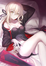  artoria_pendragon_(fate) avalon_(fate/stay_night) bare_shoulders black_camisole black_jacket blonde_hair breasts camisole cleavage collarbone fate/grand_order fate_(series) female highres jacket jeanne_d&#039;arc_alter_(fate) jeanne_d&#039;arc_alter_(ver._shinjuku_1999)_(fate) long_hair long_sleeves looking_at_viewer low_ponytail medium_breasts neko_daruma official_alternate_costume saber_alter saber_alter_(ver._shinjuku_1999)_(fate) solo thighs 