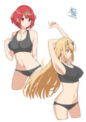  2girls absurdres alternate_costume aotsuba armpits arms_up black_buruma black_sports_bra blonde_hair bob_cut breasts buruma chest_jewel closed_mouth collarbone commentary_request crop_top cropped_legs drop_earrings earrings highres jewelry large_breasts long_hair midriff multiple_girls mythra_(xenoblade) navel pyra_(xenoblade) red_hair short_hair signature smile sports_bra stretching swept_bangs tiara white_background xenoblade_chronicles_(series) xenoblade_chronicles_2 