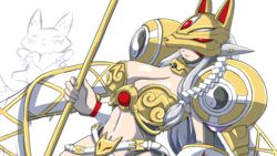  animal_ears armor belt bikini_armor breasts cleavage closed_mouth commentary covered_eyes cowboy_shot detached_sleeves digimon digimon_(creature) dutch_angle facial_mark female fox_ears fox_mask grey_hair highres holding holding_staff holding_weapon large_breasts long_hair mask navel nazca_(rapid-rabbit&#039;s) renamon sakuyamon sakuyamon_x shoulder_armor simple_background staff standing stomach weapon white_background white_belt white_sleeves yellow_armor yellow_collar yin_yang 