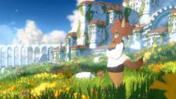  2022 animated anime_style anthro big_ears blue_eyes bottomwear brown_body brown_ears brown_fur brown_hair brown_tail castle clothed clothing cloud cogwheel detailed female flower fluffy fluffy_tail fur gaialot grass hair hand_on_chest leaf long_tail looking_away loop mammal morning moss multicolored_ears outside plant pose procyonid raccoon rock seamless_loop shadow shirt short_hair short_playtime shorts sky solo standing standing_in_grass tail thick_thighs topwear two_tone_ears two_tone_tail wind window 