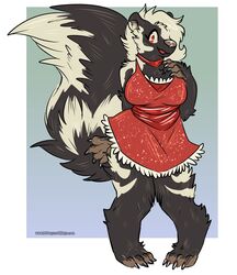  2020 anthro barefoot biped breasts claws clothed clothing digitigrade dress eyelashes feet female fluffy fluffy_tail gradient_background hi_res mammal mephitid princessnapped red_clothing red_dress red_eyes simple_background skunk smile solo spotted_skunk tail 