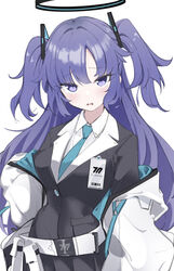  absurdres annoyed bad_id bad_pixiv_id barcode belt belt_pouch black_gloves black_jacket black_suit blue_archive blue_eyes blue_hair blue_necktie blush breasts coat collared_shirt commentary cowboy_shot dress_shirt english_commentary female formal furrowed_brow gloves halo hand_on_own_hip highres id_card jacket long_hair looking_at_viewer md5_mismatch medium_breasts necktie ocha_(popopogg) off_shoulder open_clothes open_coat open_mouth pouch school_uniform shirt simple_background solo source_mismatch suit two_side_up white_background white_belt white_coat wing_collar yuuka_(blue_archive) 