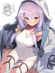  absurdres atsuko_(blue_archive) black_gloves blue_archive breasts covered_nipples female gloves halo highres hood hoodie jacket kawa_mura looking_at_viewer one-piece_swimsuit purple_hair red_eyes school_swimsuit sitting swimsuit thighs translation_request wariza white_hoodie white_jacket white_one-piece_swimsuit 