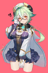  !? animal_ears bad_id bad_pixiv_id beret blue_dress blush breasts cat_ears commentary dress english_commentary female genshin_impact glasses gloves green_hair hat highres large_breasts long_hair long_sleeves looking_at_viewer orange_eyes pink_background semi-rimless_eyewear shotgunman simple_background solo sucrose_(genshin_impact) thighs vision_(genshin_impact) 