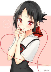  black_dress black_hair blush closed_mouth commentary_request dress female folded_ponytail hair_ribbon hazuki_natsu highres kaguya-sama_wa_kokurasetai_~tensai-tachi_no_renai_zunousen~ looking_at_viewer red_eyes red_ribbon ribbon school_uniform shinomiya_kaguya short_hair short_sleeves shuuchiin_academy_school_uniform solo spoken_blush summer_uniform tears twitter_username 