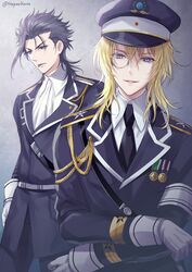  2boys alec_(plunderer) artist_name black_hair black_necktie blonde_hair blue_eyes cigarette crossed_arms gloves gradient_background grey_background grey_eyes hagino_kouta hat heterochromia long_hair male_focus medal military military_hat military_uniform monocle mouth_hold multiple_boys necktie plunderer schmelman_bach smile standing uniform white_gloves 