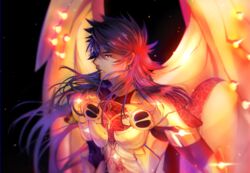  1boy absurdres armor black_background blue_hair breastplate dark-skinned_male dark_blue_hair dark_skin earrings embers fate/grand_order fate_(series) glowing glowing_armor golden_wings gradient_hair highres jewelry long_hair looking_to_the_side male_focus multicolored_hair onasu_(sawagani) open_mouth purple_hair red_eyes romulus_quirinus_(fate) simple_background solo upper_body very_long_hair wings 