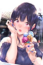  ! bare_shoulders blue_hair blue_nails blush bracelet commentary_request dark_blue_hair earrings female food hands_up hibike!_euphonium highres ice_cream jewelry kuziaaizuk liz_to_aoi_tori long_hair looking_at_viewer nail_polish off-shoulder_shirt off_shoulder open_mouth red_eyes shirt solo surprised sweat upper_body wide-eyed yoroizuka_mizore 