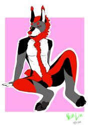  4_toes anthro belly black_sclera canid canine canis ear_tuft feet felid feline hi_res hybrid jett_thatcher_(neon_lion) lynx male mammal neon_lion pubes red_eyes short_tail sitting solo tail toes trans_(lore) trans_woman_(lore) tuft white_belly wolf 