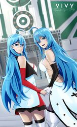  2girls :d absurdres ahoge black_sleeves blue_eyes blue_hair boots breasts character_name clement39 closed_mouth copyright_name day detached_sleeves dress from_behind gloves hair_between_eyes highres holding_hands large_breasts long_hair long_sleeves looking_at_viewer looking_back miniskirt multiple_girls open_mouth outdoors red_skirt red_sleeves sideboob skirt sleeveless sleeveless_dress smile standing straight_hair thigh_boots thighhighs very_long_hair vivy vivy:_fluorite_eye&#039;s_song white_dress white_footwear white_gloves white_thighhighs zettai_ryouiki 