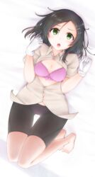  barefoot bed_sheet bike_shorts black_hair black_shorts blush bra breasts buttons cleavage collared_shirt female gloves green_eyes hair_ornament highres kantai_collection kuroshio_(kancolle) medium_breasts meihemu open_clothes open_mouth open_shirt pink_bra shirt short_hair short_sleeves shorts solo toes underwear white_gloves white_shirt 