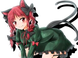  :3 all_fours animal_ears blush bow braid cat_ears cat_tail dress drop_shadow fang_out female green_dress hairbow highres kaenbyou_rin looking_at_viewer multiple_tails nekomata oerba_yun_fang oshiaki red_eyes red_hair smile solo tail touhou twin_braids two_tails 