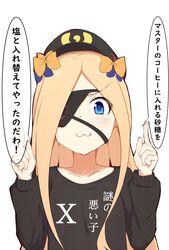  :3 abigail_williams_(fate) absurdres bad_id bad_twitter_id baseball_cap black_hat black_shirt blonde_hair blue_bow blue_eyes bow closed_mouth clothes_writing collarbone commentary_request eyepatch fate/grand_order fate_(series) female hairbow hands_up hat highres index_fingers_raised long_hair long_sleeves looking_at_viewer mitchi orange_bow shirt simple_background solo translation_request upper_body white_background 