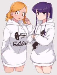  2girls ayatak0517 blush cowboy_shot cropped_legs dark-skinned_female dark_skin grey_background highres holding_own_hair hood hood_down hoodie komi-san_wa_komyushou_desu komi_shouko long_hair long_sleeves looking_at_viewer manbagi_rumiko multiple_girls orange_eyes orange_hair parted_bangs ponytail purple_eyes purple_hair sidelocks simple_background sleeves_past_wrists standing swept_bangs white_hoodie 