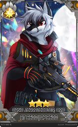  abstract_background anthro artist_name black_body black_fur black_nose canid canine canis cheek_tuft clothed clothing facial_tuft fur gacha_card glistening glistening_eyes hair half-length_portrait holding_object holding_weapon male mammal moon neck_tuft penguinexperience portrait red_eyes short_hair solo standing tuft weapon white_body white_fur white_hair wolf 