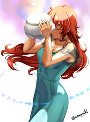  aona_(anagasaki) breasts cleavage closed_eyes collarbone commentary dress female green_dress gundam gundam_suisei_no_majo hair_down helmet highres holding holding_helmet jewelry light_smile long_hair medium_breasts necklace prospera_mercury red:birthmark_(song) red_hair smile solo suletta_mercury thick_eyebrows twitter_username upper_body wavy_hair 